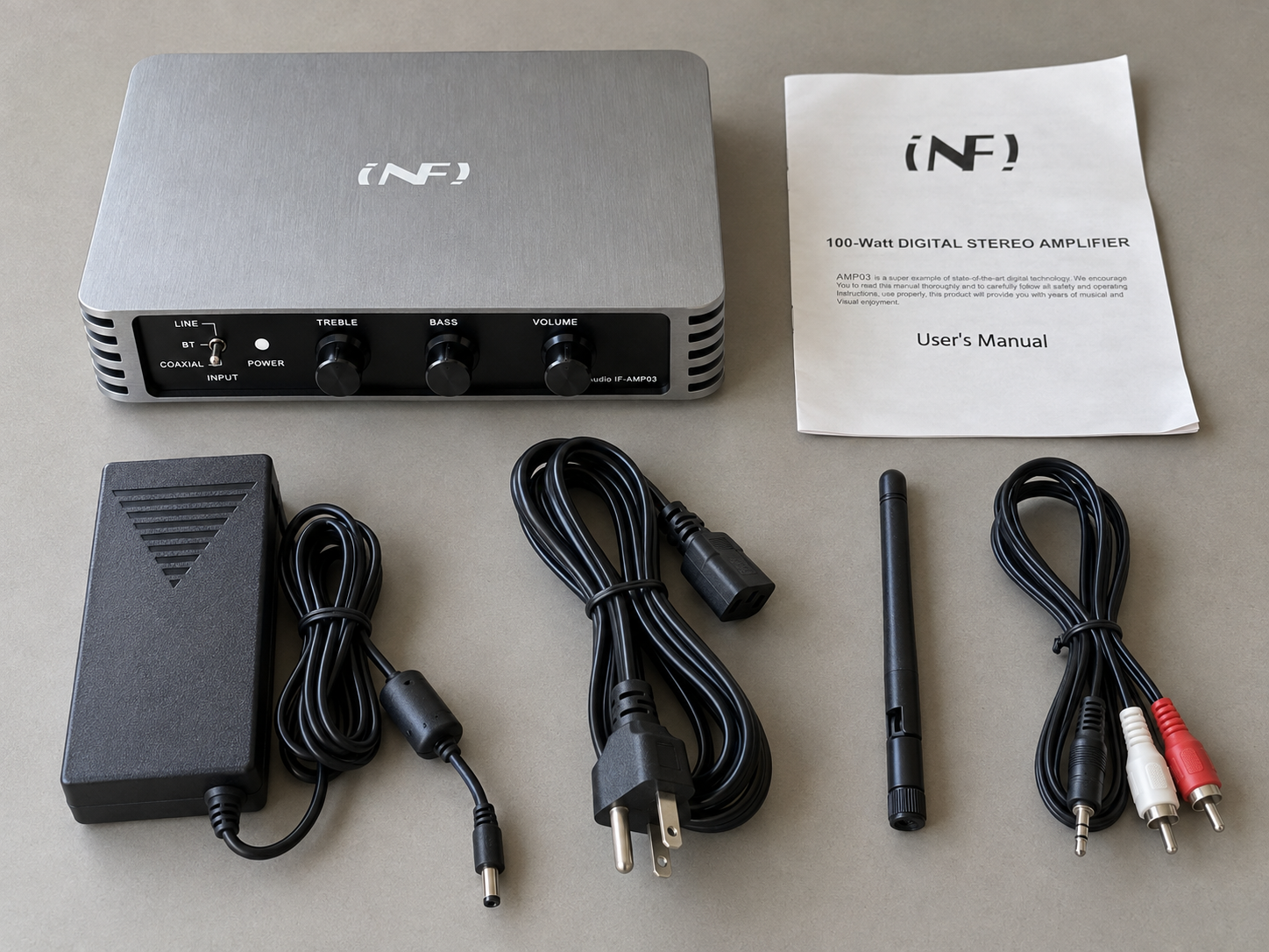 IF-AMP03 amplifier, power adapter, US power cord, Bluetooth antenna, 3.5mm-to-dual-RCA audio cable and user manual.