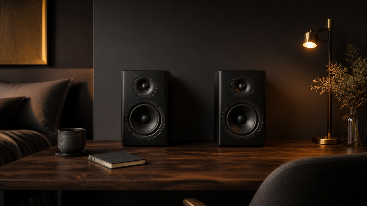 Pair of compact black bookshelf speakers on a walnut desk in a warmly lit bedroom listening space