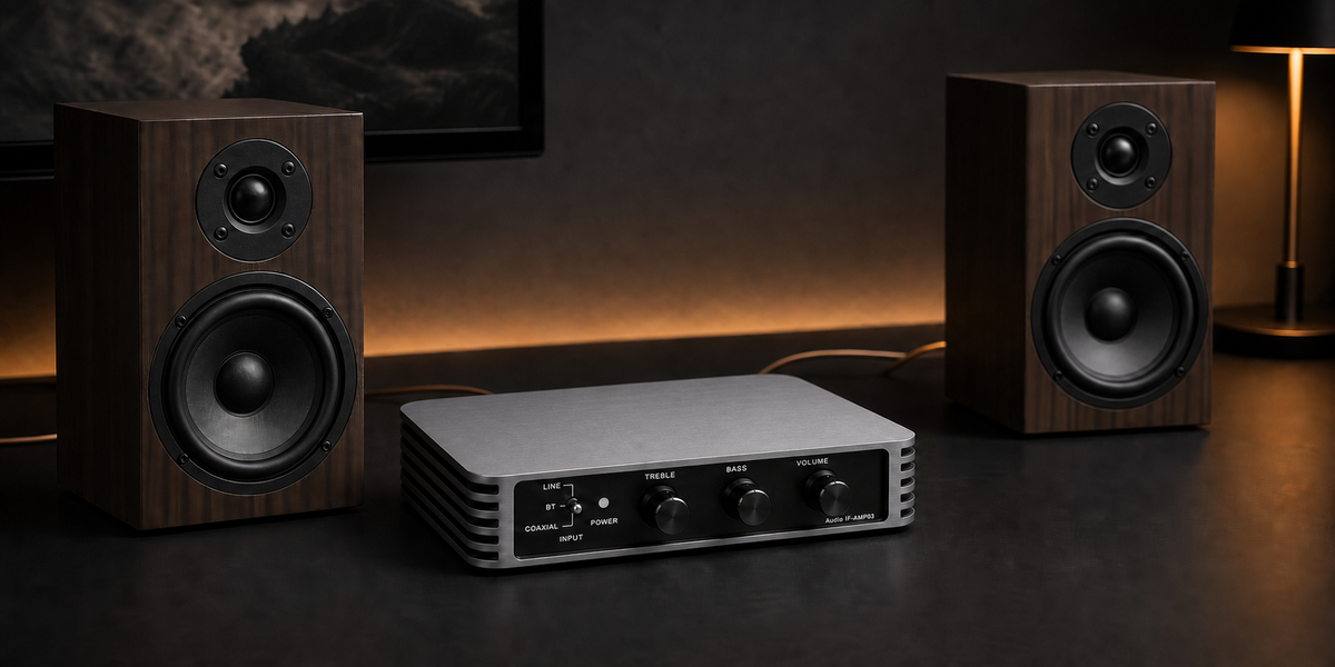 AMP03 compact amplifier with passive bookshelf speakers in a warm desktop listening setup