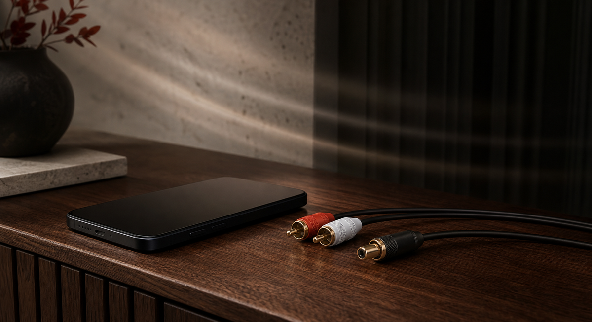 Smartphone with RCA and coaxial audio cables on a walnut console