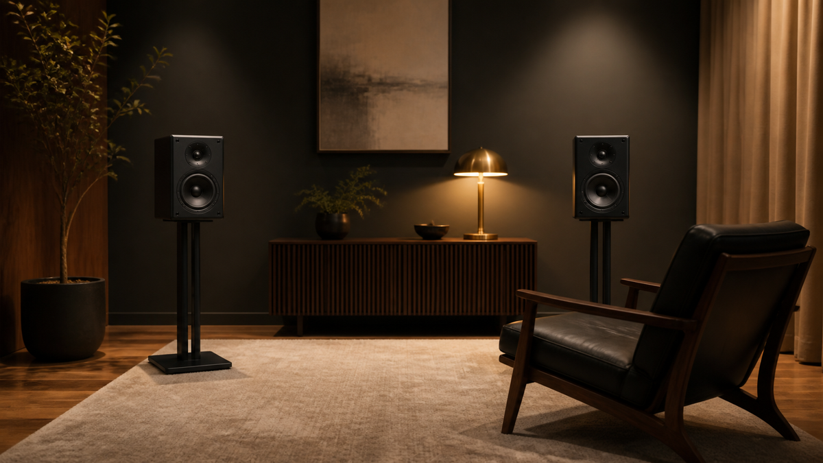 Two compact black passive bookshelf speakers on slim floor stands in a warm small listening room.
