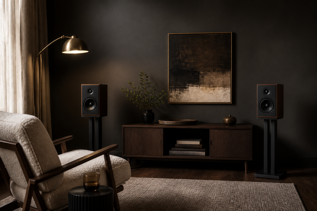 Two unbranded bookshelf speakers on dedicated stands in an elegant small home listening room