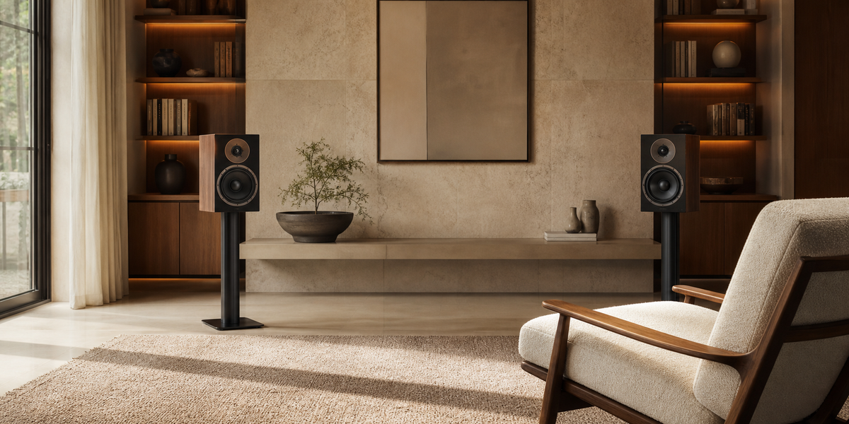 Bookshelf speakers on stands in an elegant small listening room