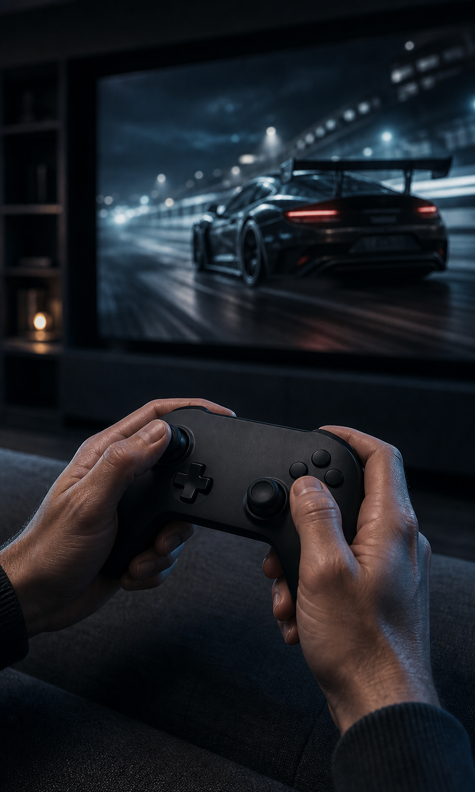 MK home theater system in a clean modern gaming space