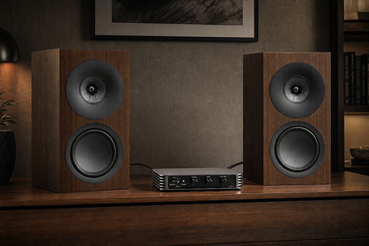 IF-AMP03 with premium coaxial passive bookshelf speakers in a compact listening room
