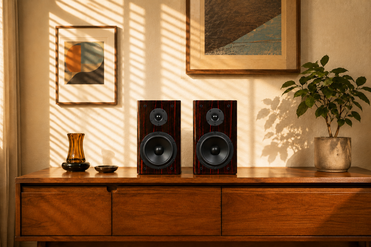 F60 bookshelf speaker pair in warm home listening room