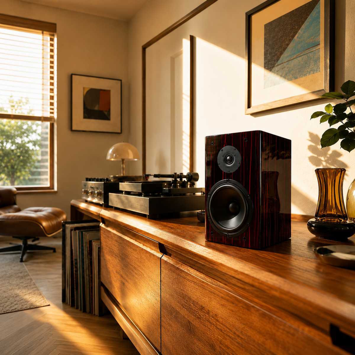 F60 speaker pair in a home HiFi listening scene