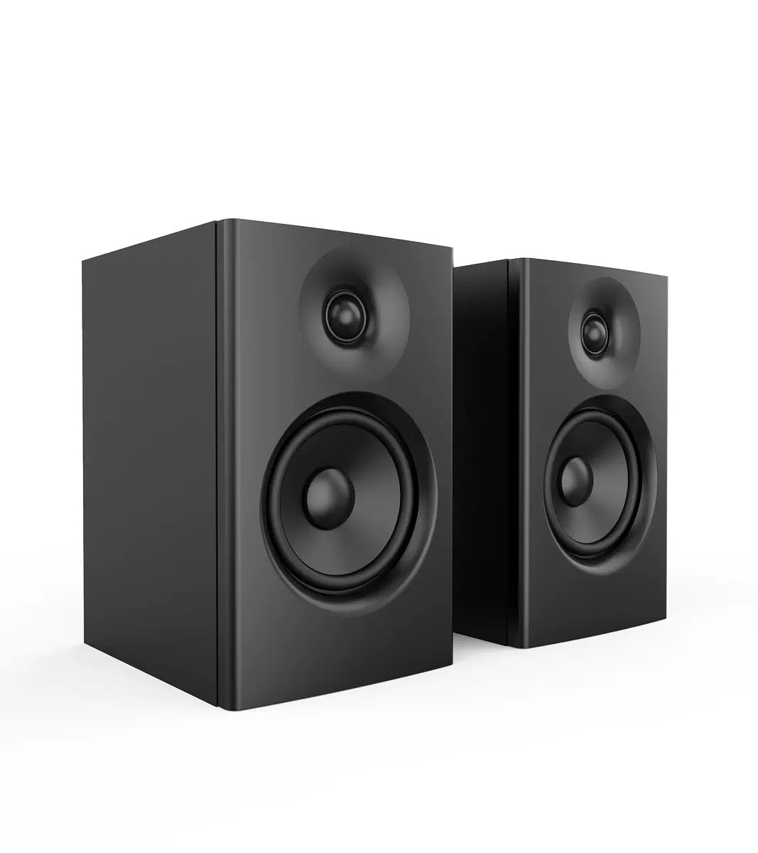 SR09B active bookshelf speakers, angled front view