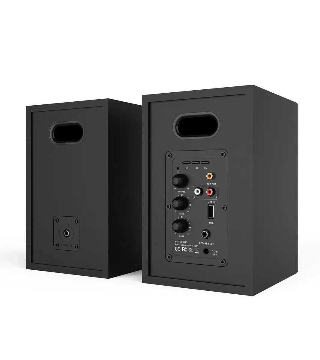 SR09B active bookshelf speakers, rear panel detail