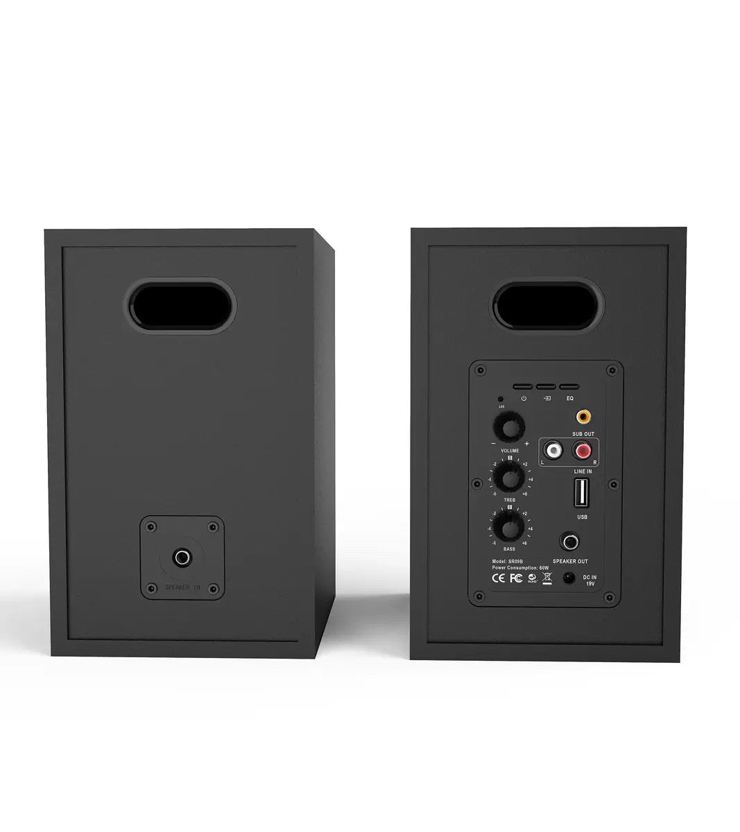 SR09B active bookshelf speakers, rear view