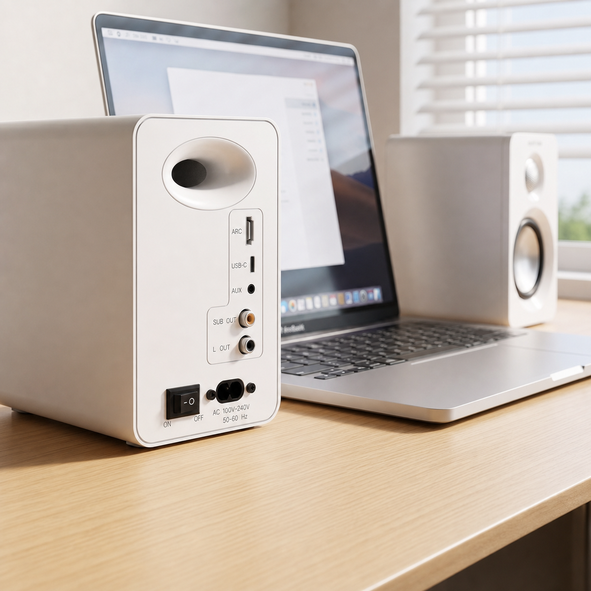 SR32B active speakers connected in a desktop setup