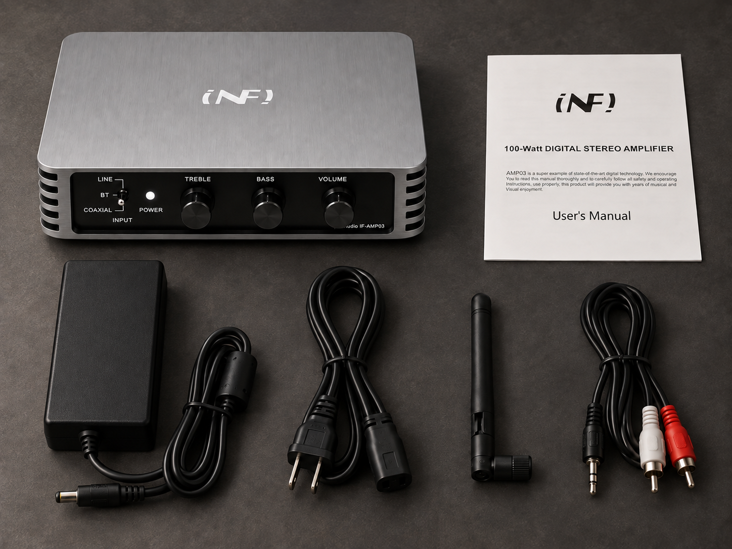 IF-AMP03 amplifier, power adapter, US power cord, Bluetooth antenna, 3.5mm-to-dual-RCA audio cable and user manual.