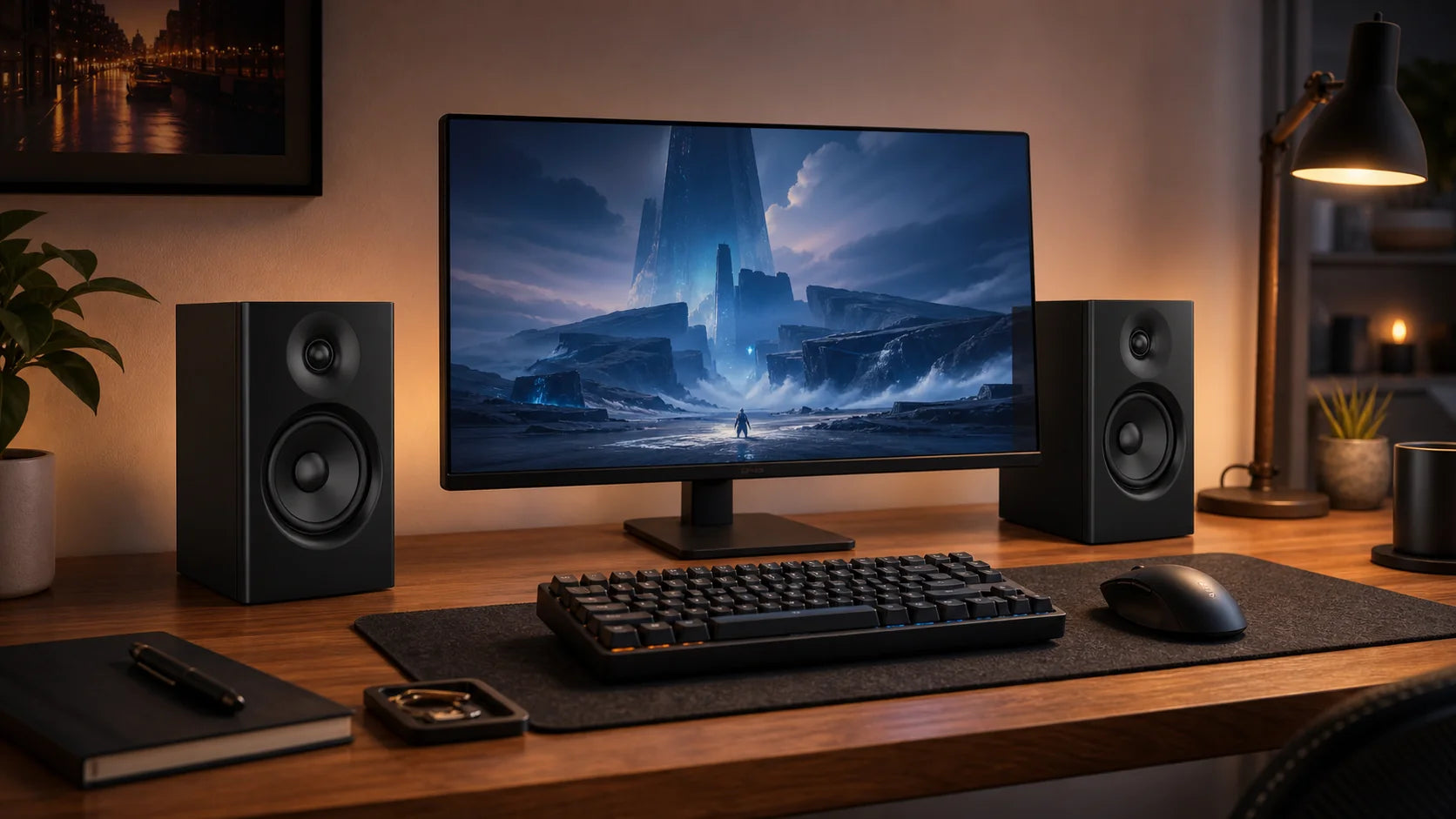 Compact active speakers in an everyday desktop gaming and music setup