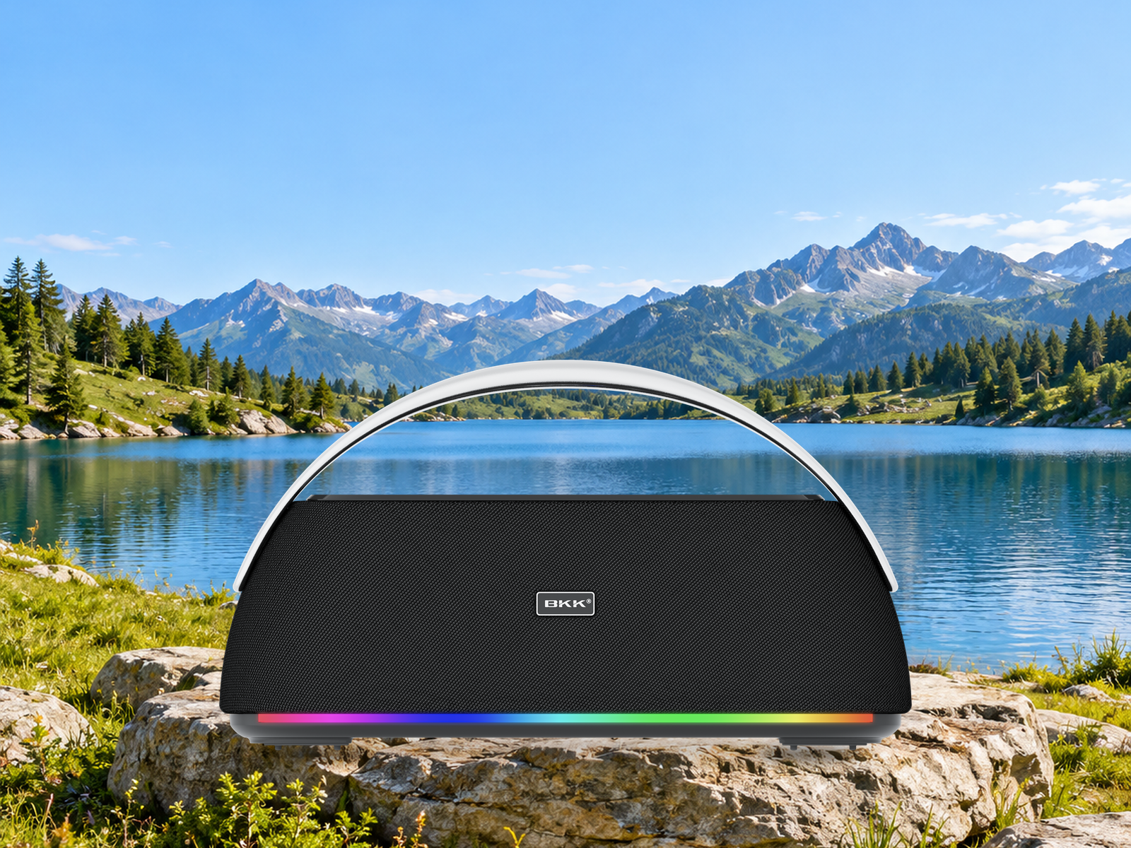 B51 Pro placed securely on a lakeside rock shelf in a mountain setting